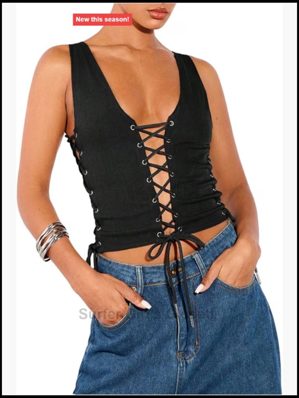 Y2K Lace Up Front Tank Top Sleeveless V Neck Rib Knit Party Camisole
